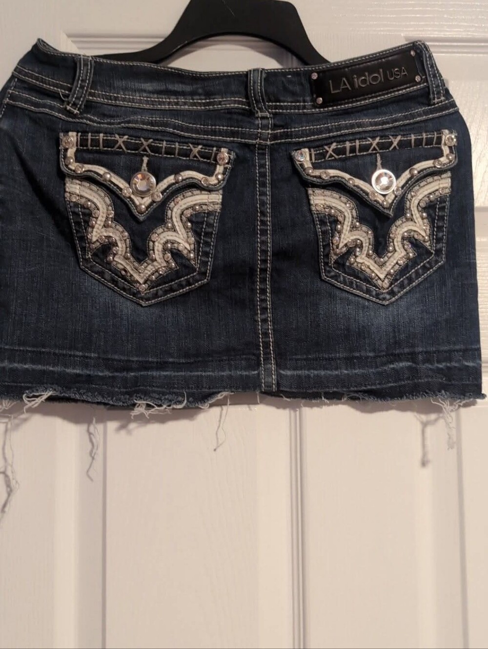 LA Idol USA Embellished Raw Hem Denim Mini Skirt Rhinestone Flap Pocket